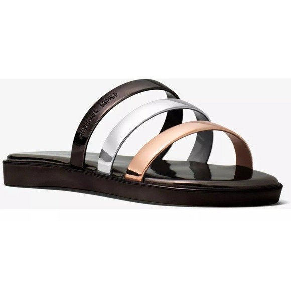 NEW Michael Kors Keiko Women's Size 6‎ Triple-Band Slide Sandals Gunmetal Silver - Picture 5 of 6